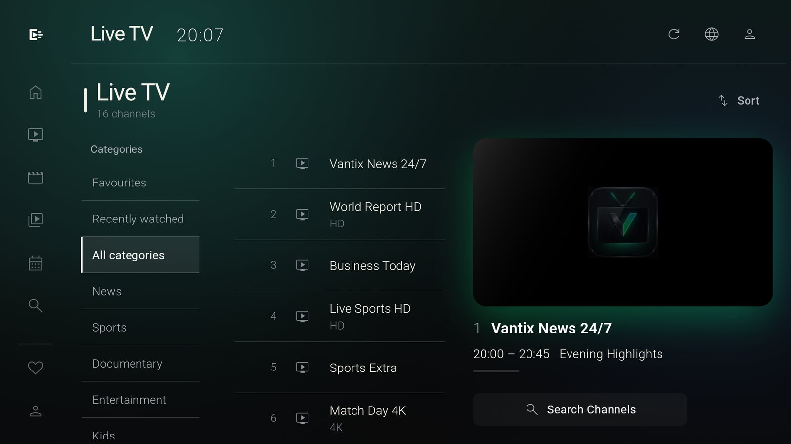 Vantix Live TV: categories, a channel list and a preview pane with the current programme